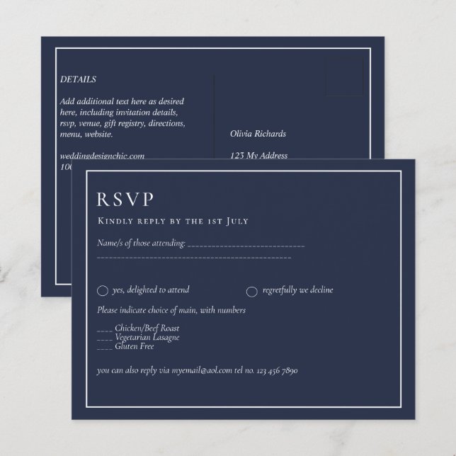 BUDGET RAVP Navy Blue Monochrome BRÖLLOP Vykort (Fram/baksida)