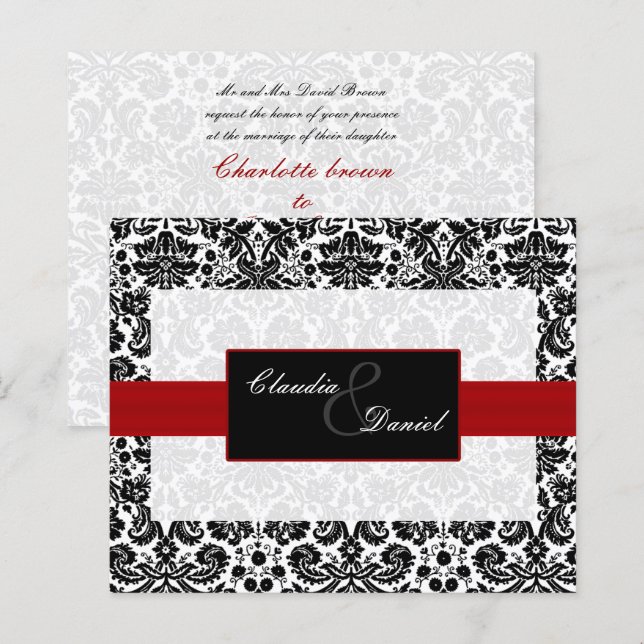 Budget Red Black Damask Wedding bjudande (Fram/baksida)