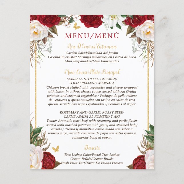 Budget Red Blommigt Bilingual Quinceañera Menu (Framsida)