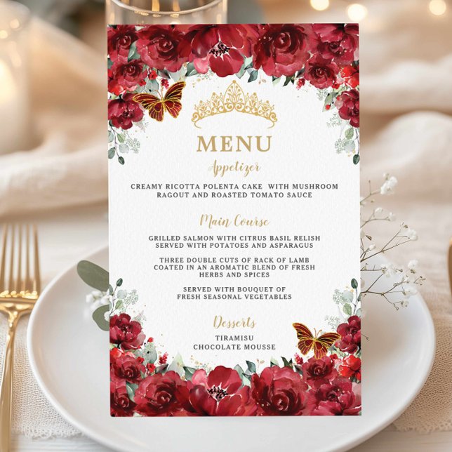 Budget Red Blommigt Guld Quinceañera Sweet 16 Menu (budget cheap printed menu paper sheet red flowers floral butterflies Quinceañera xv 15 sweet 16 )