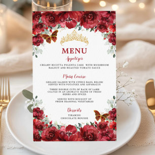 Budget Red Blommigt Guld Sweet 16 Quinceañera Menu Flygblad