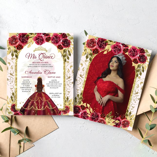 BUDGET Red Blommigt Princess Guld Photo Quinceaner (Skapare uppladdad)