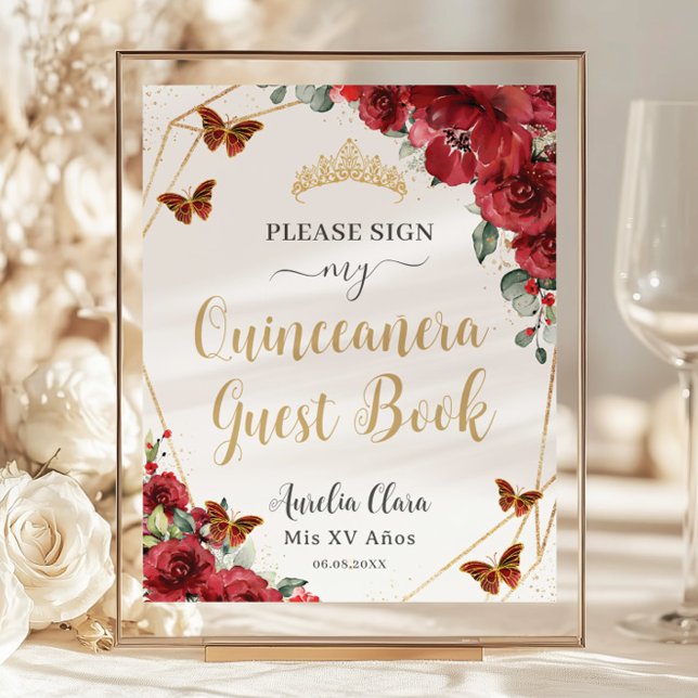 Budget Red Blommigt Quinceanera Birthday Guest Bok (red-floral-flowers-gold-butterflies-Quinceañera-15-xv-sweet-16-birthday-wedding-guest-book-sign)
