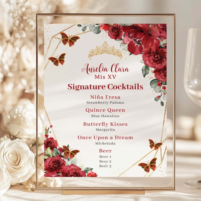 Budget Red Blommigt Quinceanera XV Birthday Pub Me (red-floral-flowers-gold-butterflies-quinceanera-Quinceañera-15-xv-sweet-16-birthday-wedding-menu)