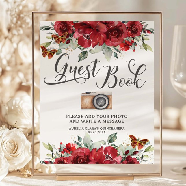 Budget Red Blommigt Quinceanera XV Guest Bok Photo (Skapare uppladdad)