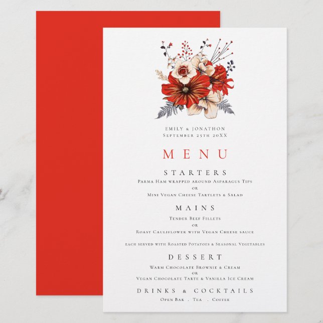 Budget Red Blommigts Foliage Bröllop Menu (Fram/baksida)
