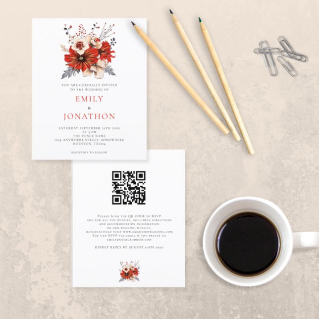 Budget Red Blommigts QR Code Wedding bjudande (Skapare uppladdad)