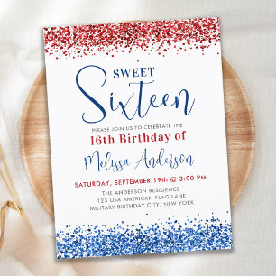 Budget Red Blue Glitter Sweet 16 Birthday Inbjudan