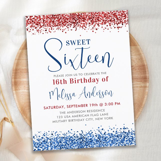 Budget Red Blue Glitter Sweet 16 Birthday Inbjudan (Skapare uppladdad)