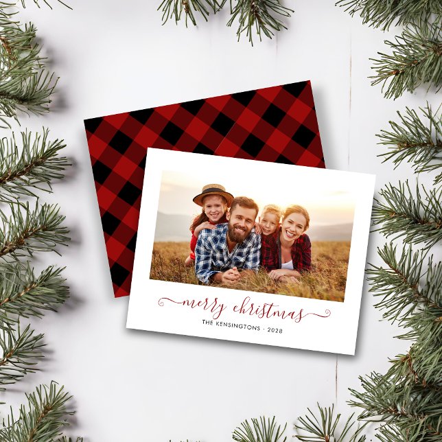 BUDGET Red Buffalo Play Script-julfoto (BUDGET Red Buffalo Plaid Script Christmas Photo Card)