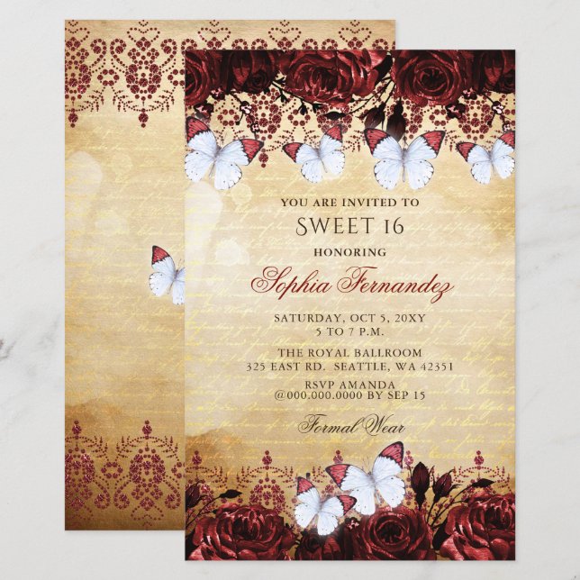 Budget Red Butterfly Sweet 16-inbjudan (Fram/baksida)