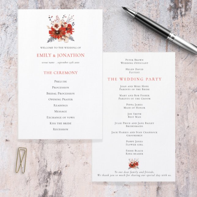Budget Red Cream Blommigts Foliage Bröllopsprogram (Skapare uppladdad)