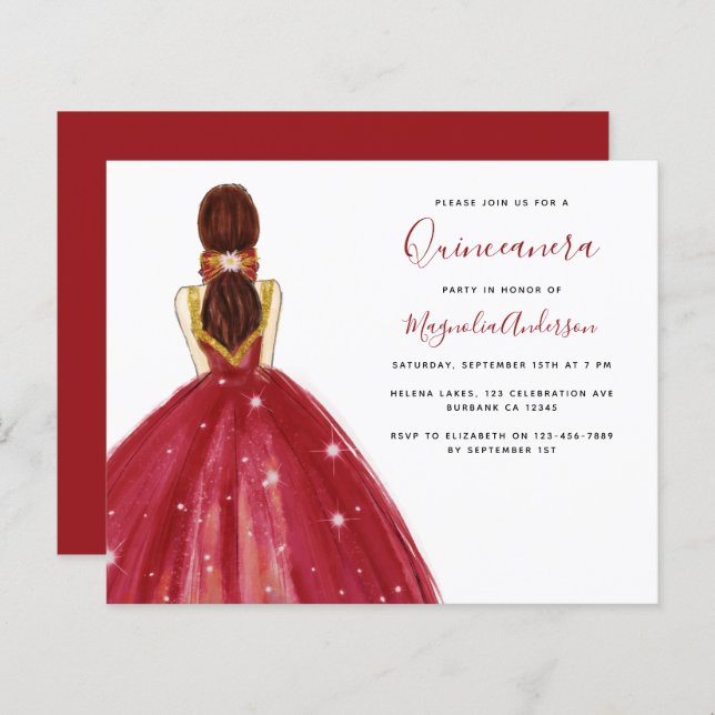 BUDGET Red Dress Quinceanera Party-inbjudan (Fram/baksida)