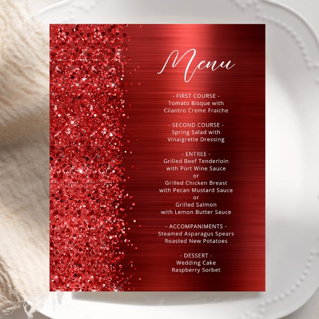 Budget Red Glam Glitter Script Wedding Menu (Skapare uppladdad)