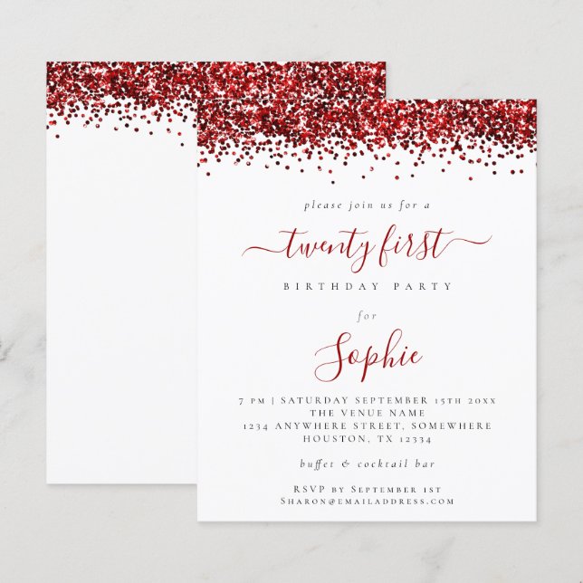 Budget Red Glitter 20:e inbjudan (Fram/baksida)