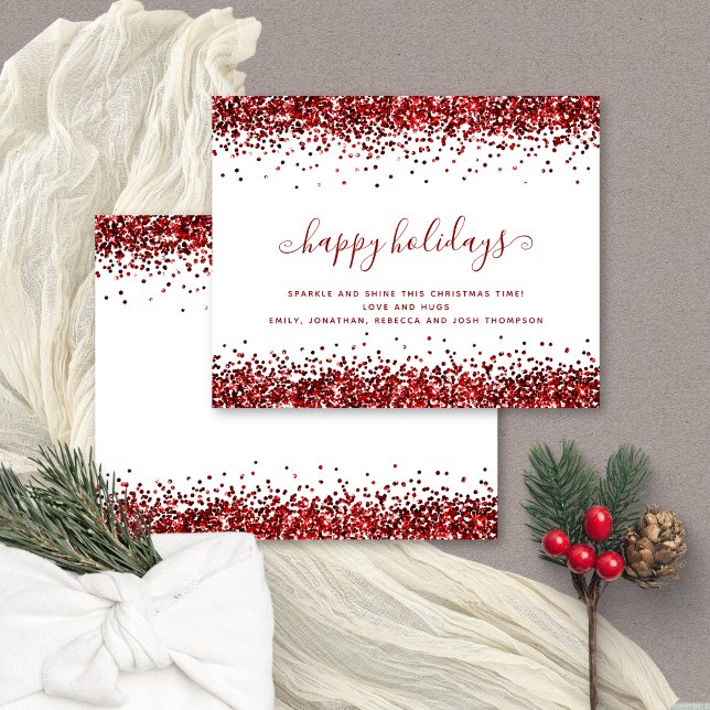Budget Red Glitter Gräns Glad helg Card (Budget price 4.5 x 5.6" alternative. Front and back view)