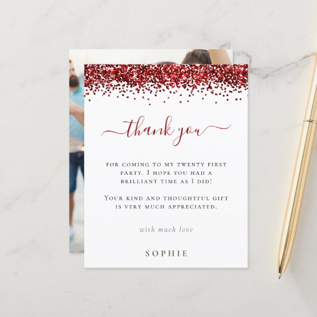 Budget Red Glitter Photo 21:a födelsedag Tack (Fram/Back In Situ)