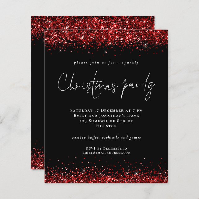 Budget Red Glitter Script jul Party Black (Fram/baksida)