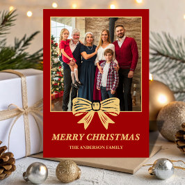 Budget Red & Gold Bow Family Christmas Photo Julkort