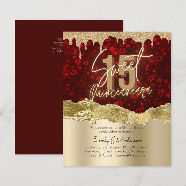BUDGET Red Gold Foil Glitter Quinceanera 15:e (Fram/baksida)
