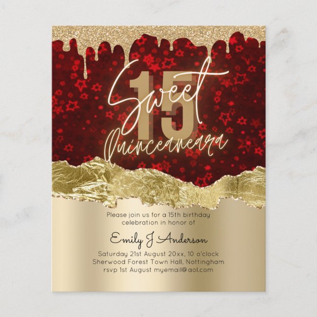 BUDGET Red Gold Foil Glitter Quinceanera 15:e Flygblad (Framsidan)