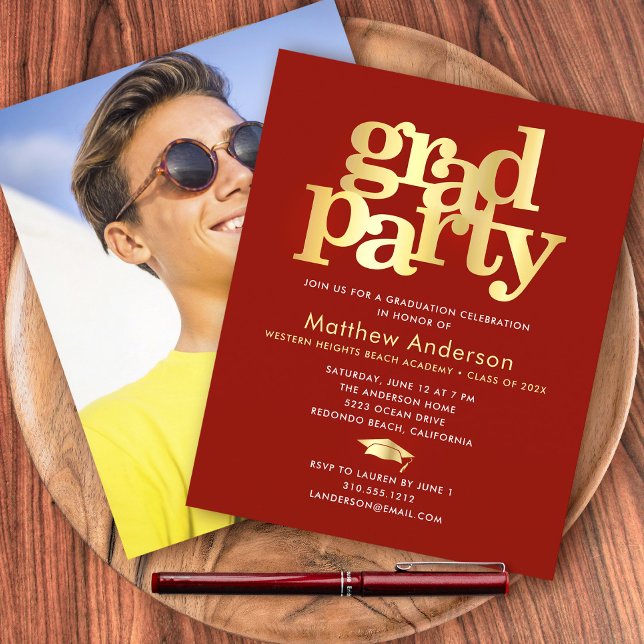 Budget Red Gold Photo Grad Party Minimalist Inbjud (Skapare uppladdad)