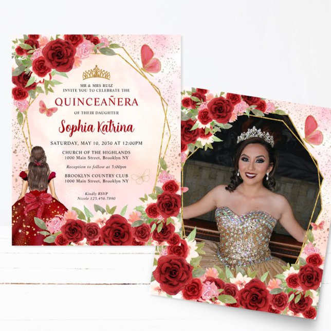 Budget Red Guld Blommigt Princess Quinceañera Phot (Skapare uppladdad)