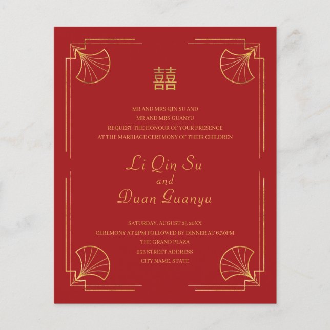 Budget Red & Guld Dubbla Happity China Bröllop Flygblad (Framsidan)