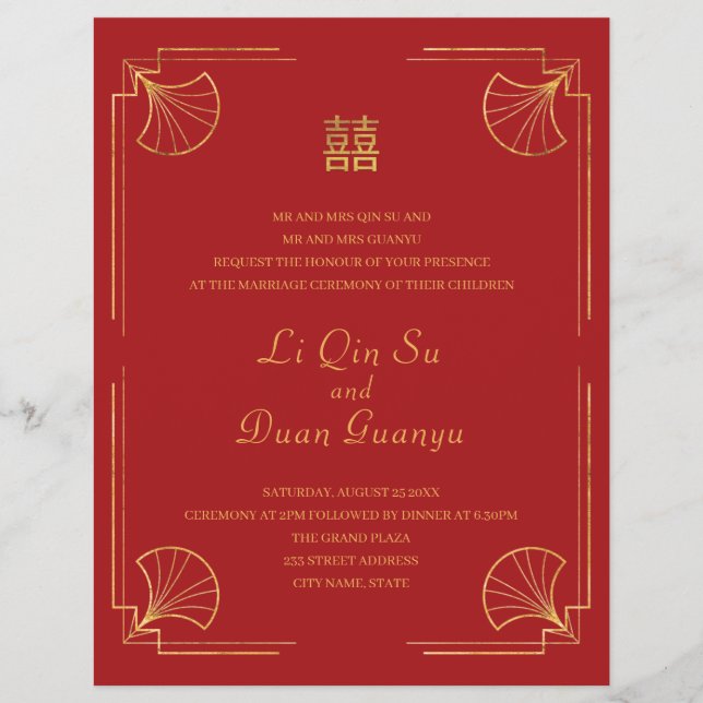 Budget Red & Guld Dubbla Happity China Bröllop Reklamblad (Framsidan)