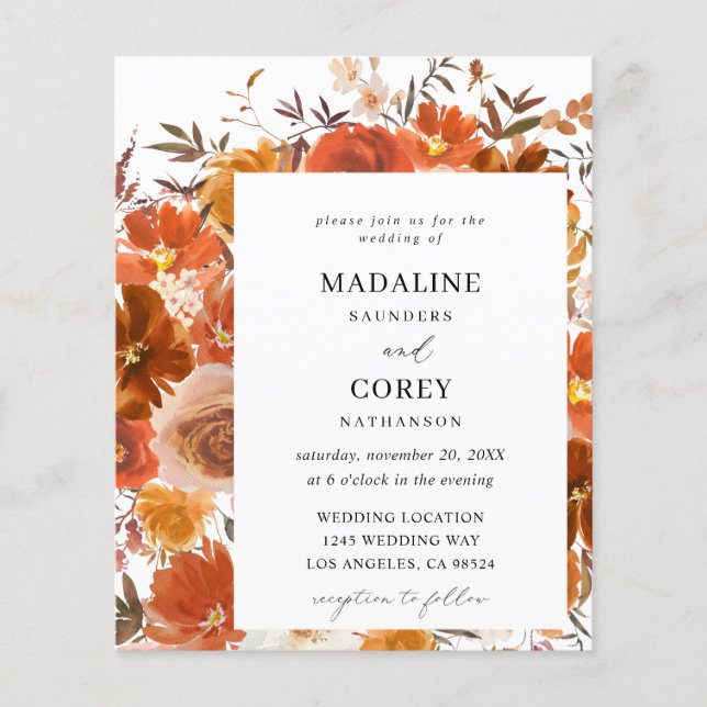 Budget Red & Orange Fall Blommigt Bröllop Flygblad (Framsidan)