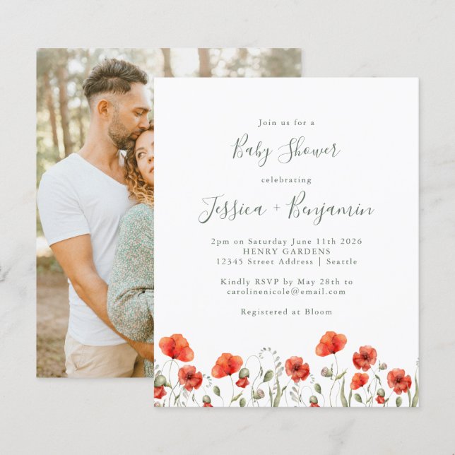Budget Red Poppy Blommigt Baby Shower Photo Inbjud (Fram/baksida)