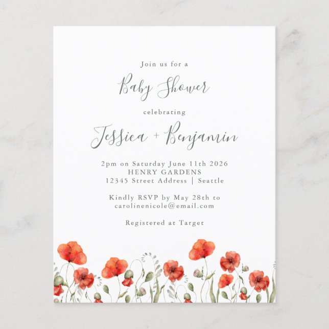 Budget Red Poppy Garden Blommigt Baby Shower (Framsida)