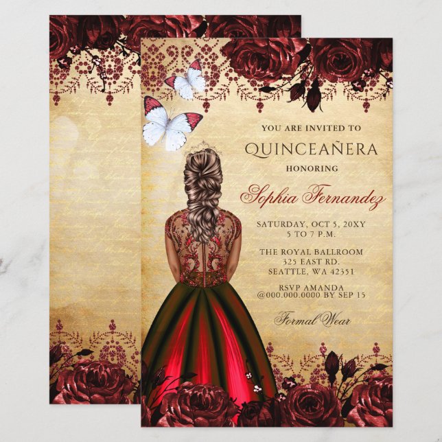 Budget Red Princess Quinceañera-inbjudan (Fram/baksida)