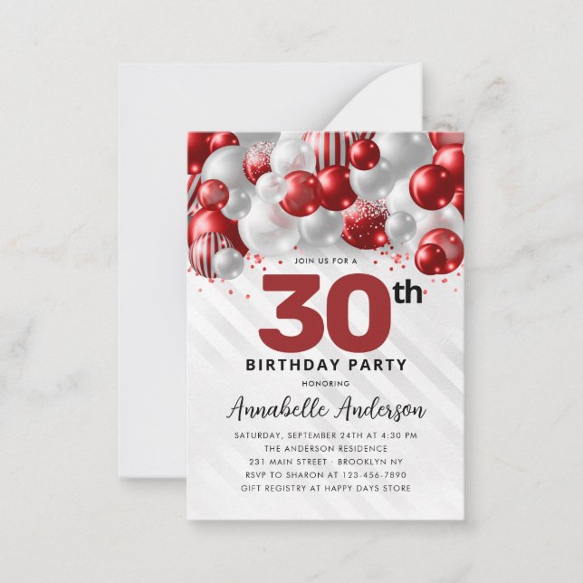 Budget Red Silver Balloon Glitter 30års födelsedag Anteckningskort (Framsida)