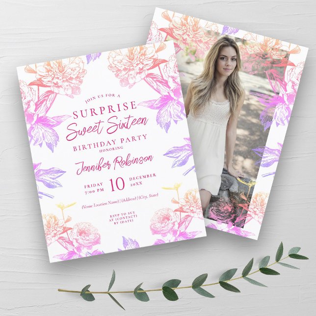 Budget Regnbåge Blommig ÖVERRASKNING Söt 16 Inbjud (Budget Rainbow Floral SURPRISE Sweet 16 Invite)
