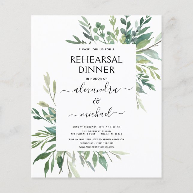 Budget Rehearsal Dinner Foliage Greenery Flygblad (Framsidan)