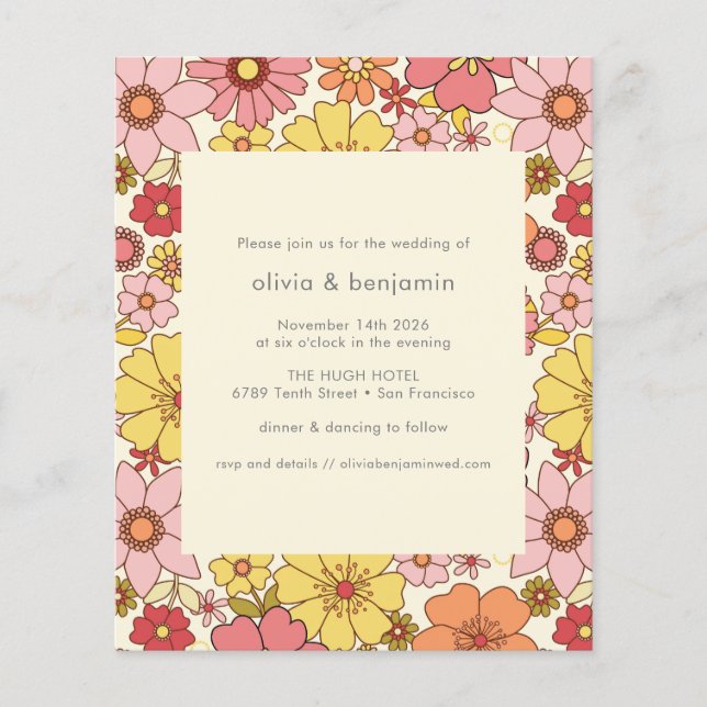 Budget Retro Boho Rosa Gult Blommig Bröllop  (Framsida)