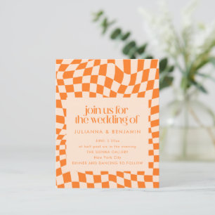 Budget Retro Orange Rutigt Bröllops QR-kod Inbjuda