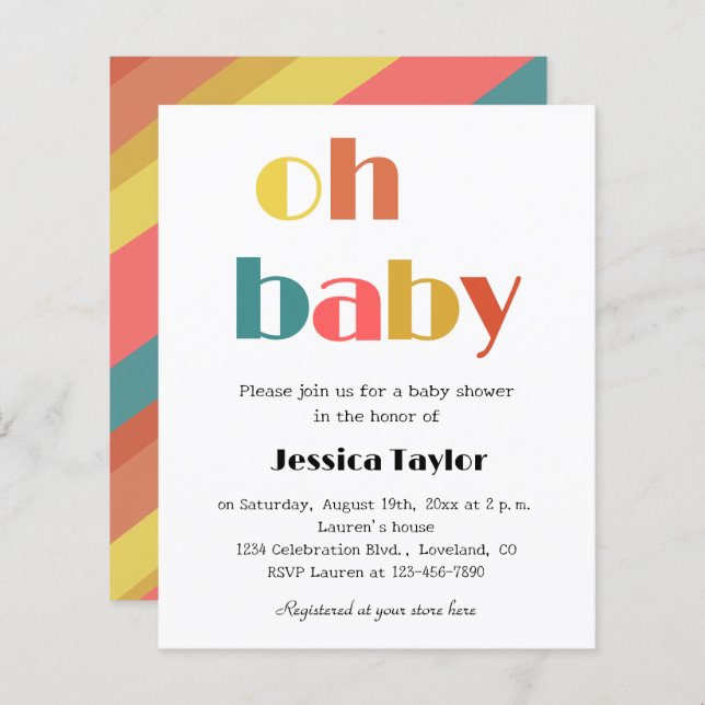 Budget Retro Rainbow Oh Baby Shower-inbjudan (Fram/baksida)