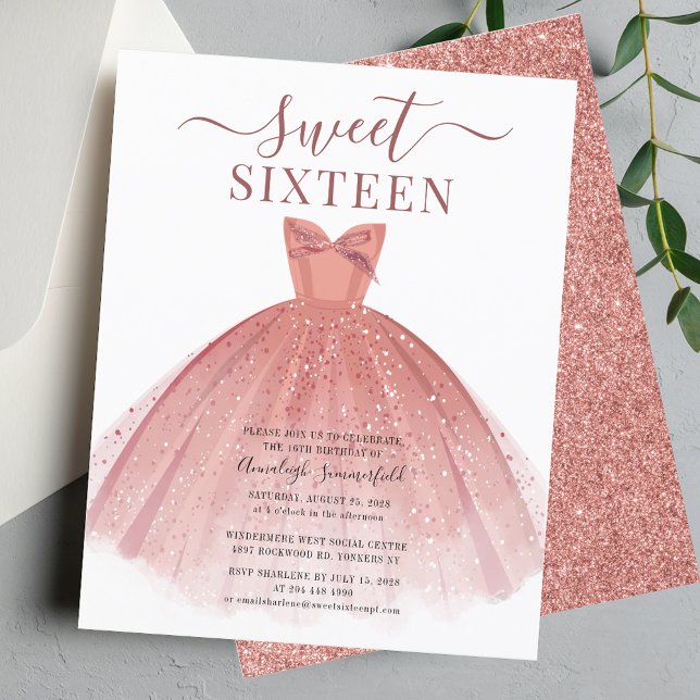 Budget Ro Guld Dress Glitter Sweet 16 inbjudan (Sweet 16 Rose Gold Glitter Birthday Sixteenth Birthday Invitation)