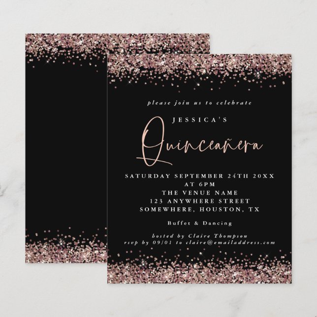 Budget Ro Guld Glitter Black Quinceanera Inbjudan (Fram/baksida)