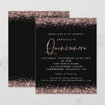 Budget Ro Guld Glitter Black Quinceanera Inbjudan