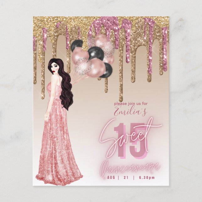 Budget Ro Guld Glitter Quinceanera Brunette Flygblad (Framsidan)