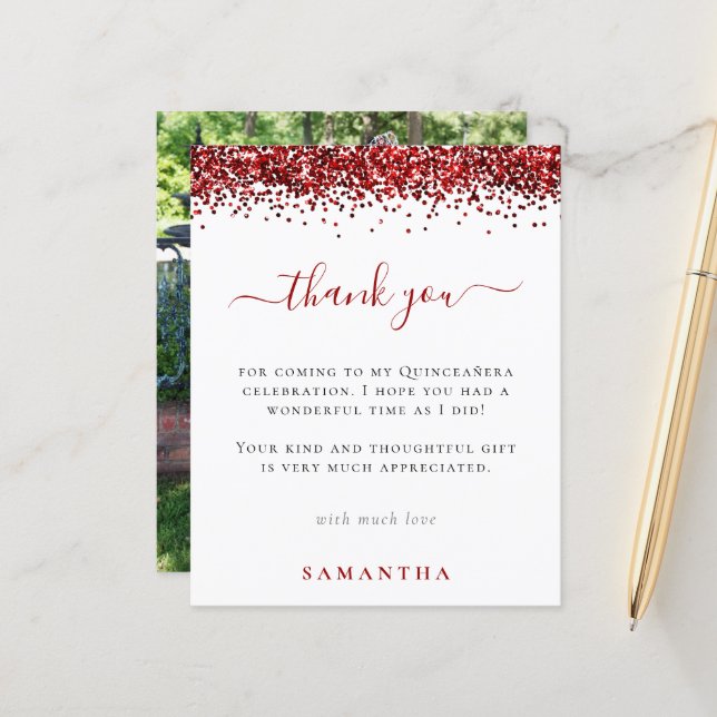 Budget Röd Glitter Foto Quinceanera Tack (Fram/Back In Situ)