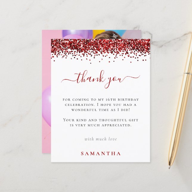 Budget Röd Glitter Foto Sweet 16 Tack Kort (Fram/Back In Situ)