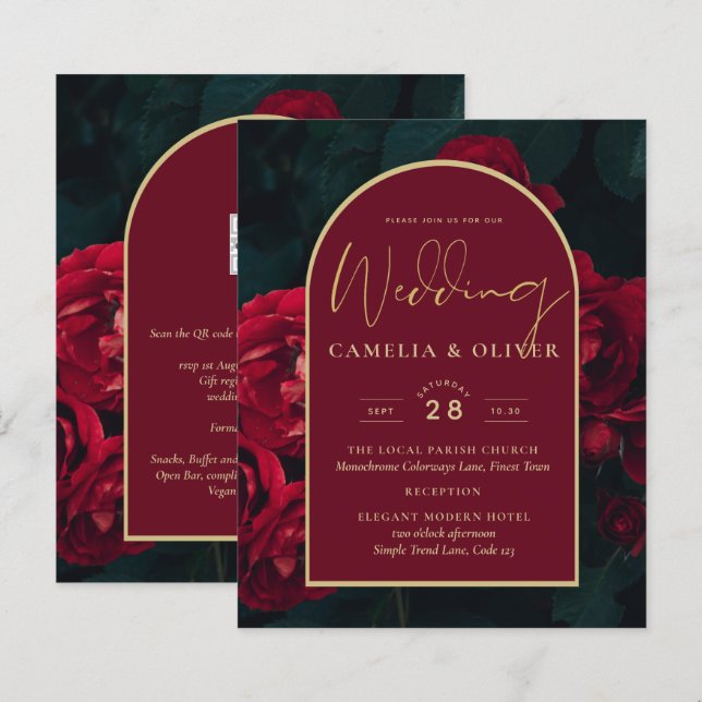 BUDGET Röda Rosor Skoggrön VinterHochzeits INVITAT (Fram/baksida)