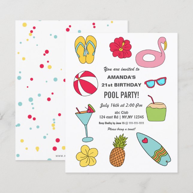 Budget Rolig Sommar Pool Party Födelsedagsinbjudan (Fram/baksida)