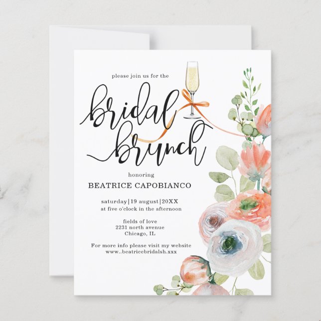 Budget  Romantic Coral Floral Bridal Brunch Card (Framsida)