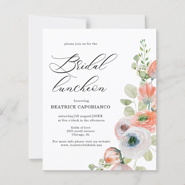 Budget  Romantic Coral Floral Bridal Luncheon Card (Framsida)