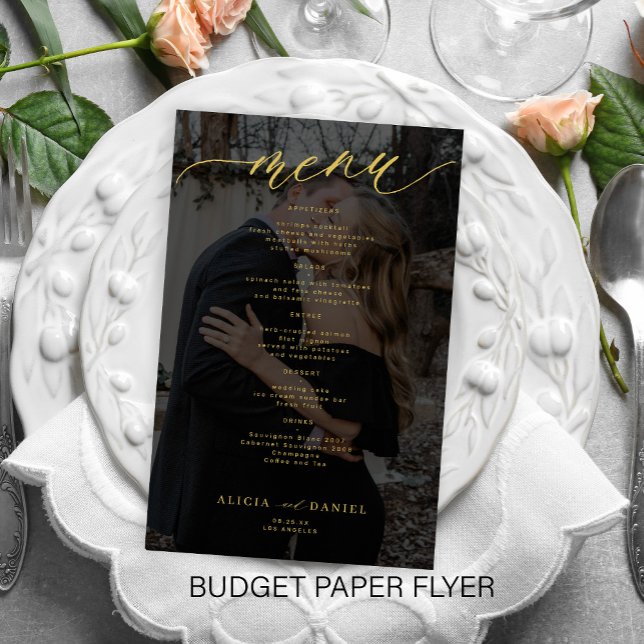 Budget romantisk foto guld svart bröllopsmeny flygblad (Skapare uppladdad)